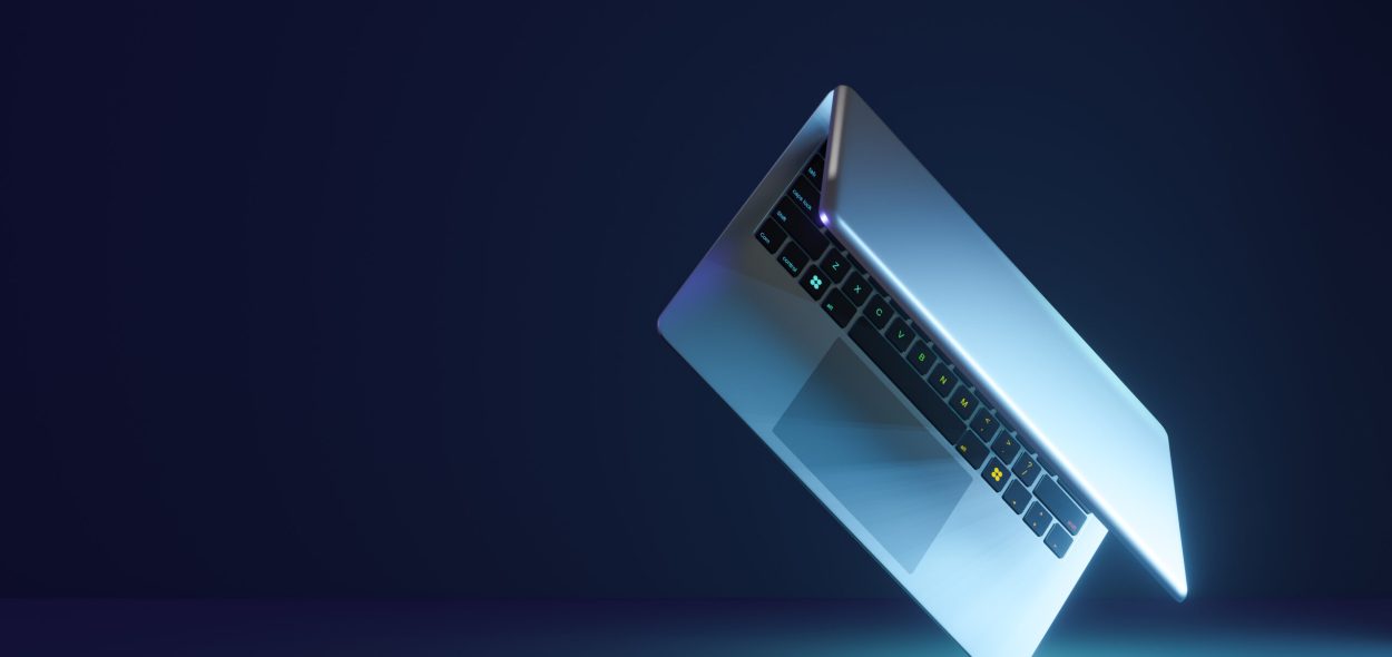 3d laptop computer with flip screen on blue dark background. 3D illustration rendering.